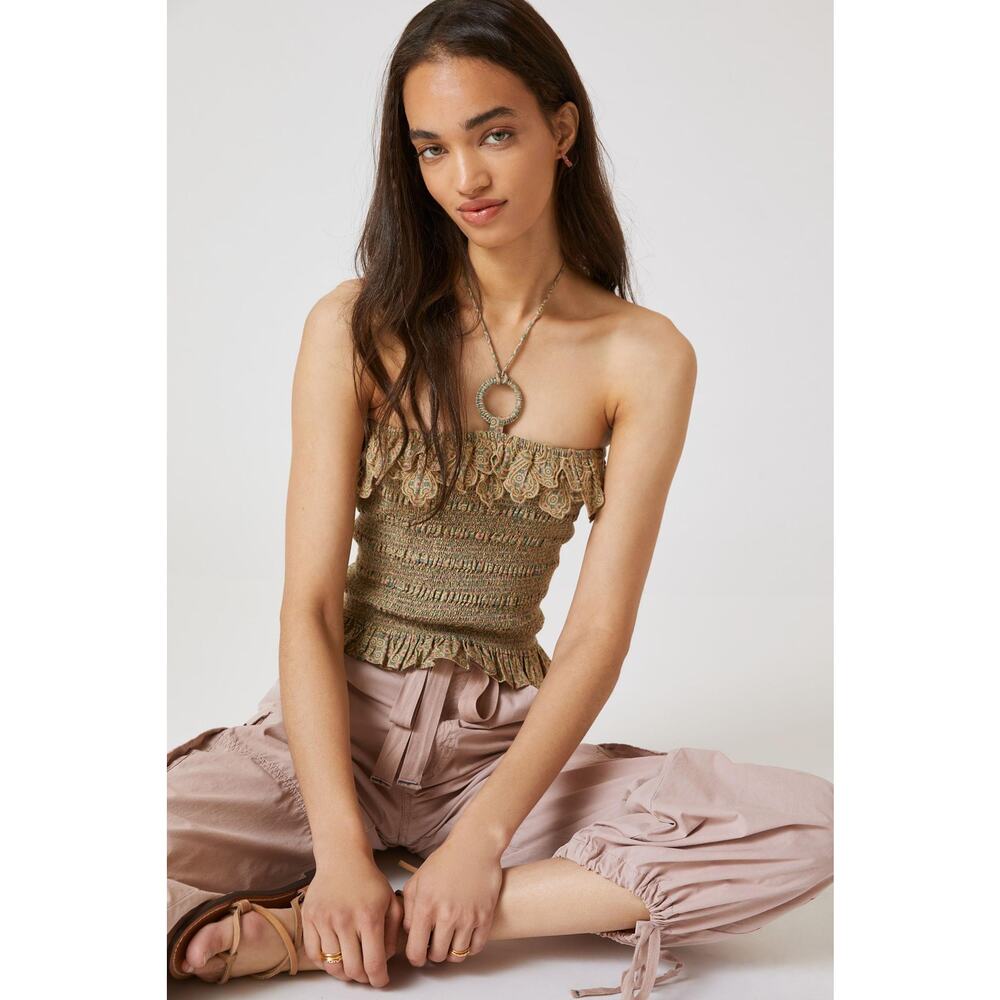 Anthropologie Let Me Be Smocked Halter Crop Top - New Size XL - Picture 2 of 6